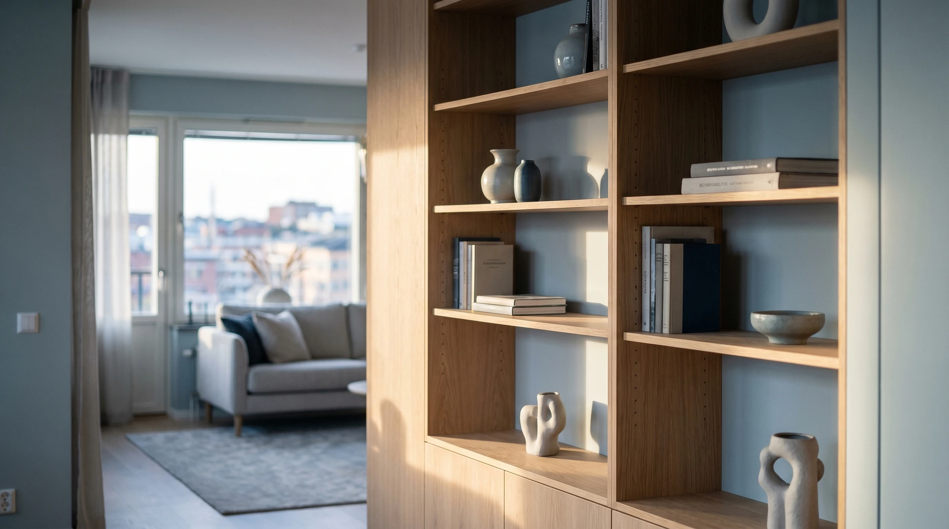 Ljus bokhylla i trä med böcker och keramik i modernt vardagsrum.