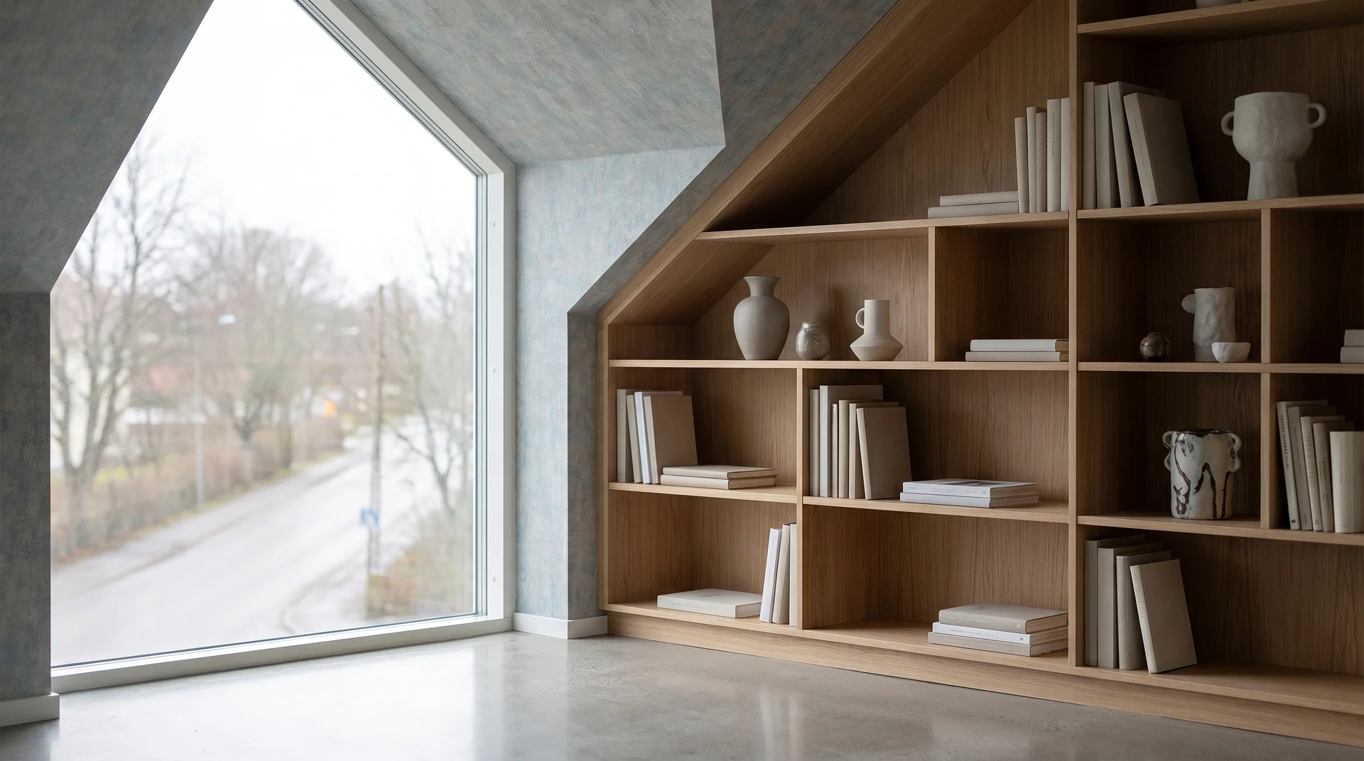 Modern bokhylla i trä vid fönster med böcker och keramik