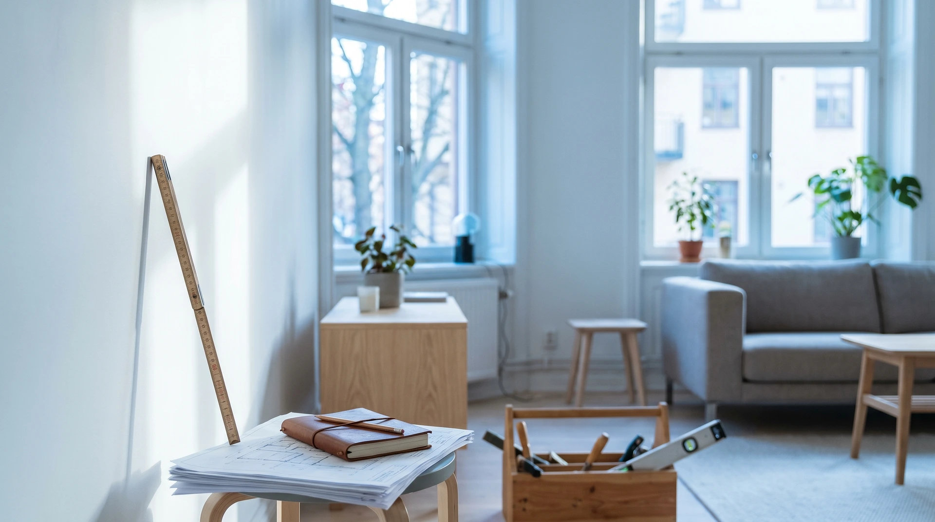 Ljust vardagsrum med möbler, verktyg och växter vid fönstret.