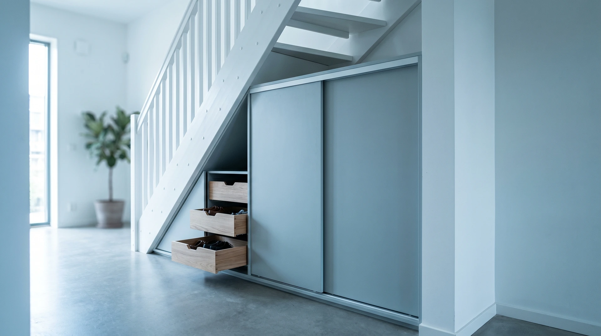 Inbyggd förvaring under trappa med utdragbara lådor i ljust blått rum.