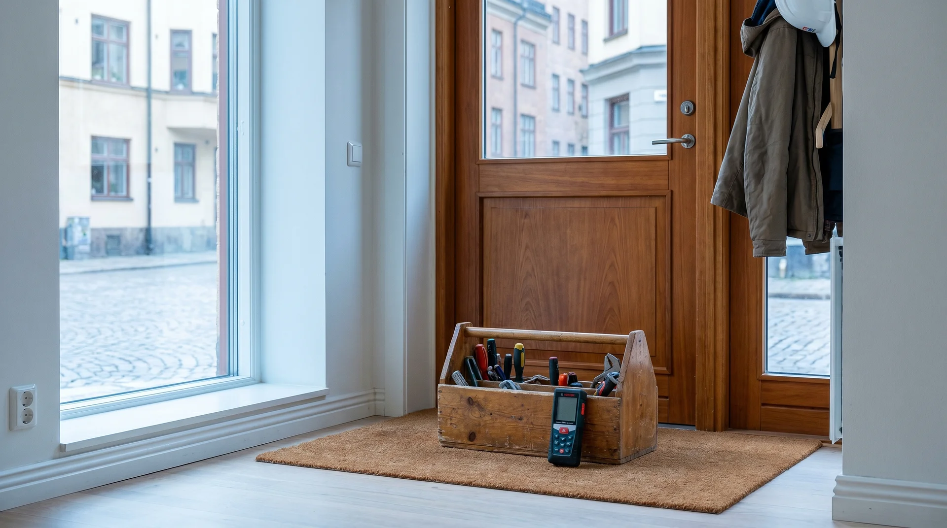 Verktygslåda vid ytterdörr i entré med fönster mot gata.