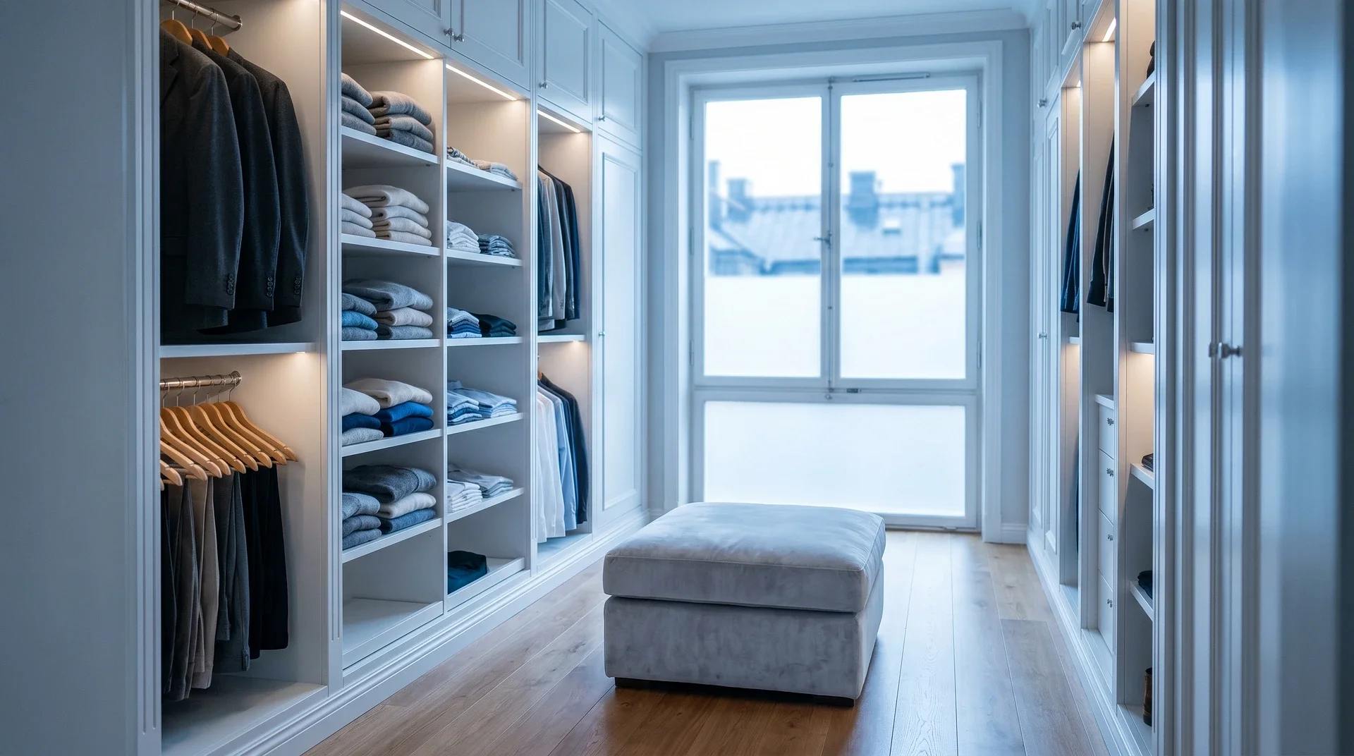 Ljus walk-in-closet med välorganiserade hyllor, klädstänger och fönster med utsikt.