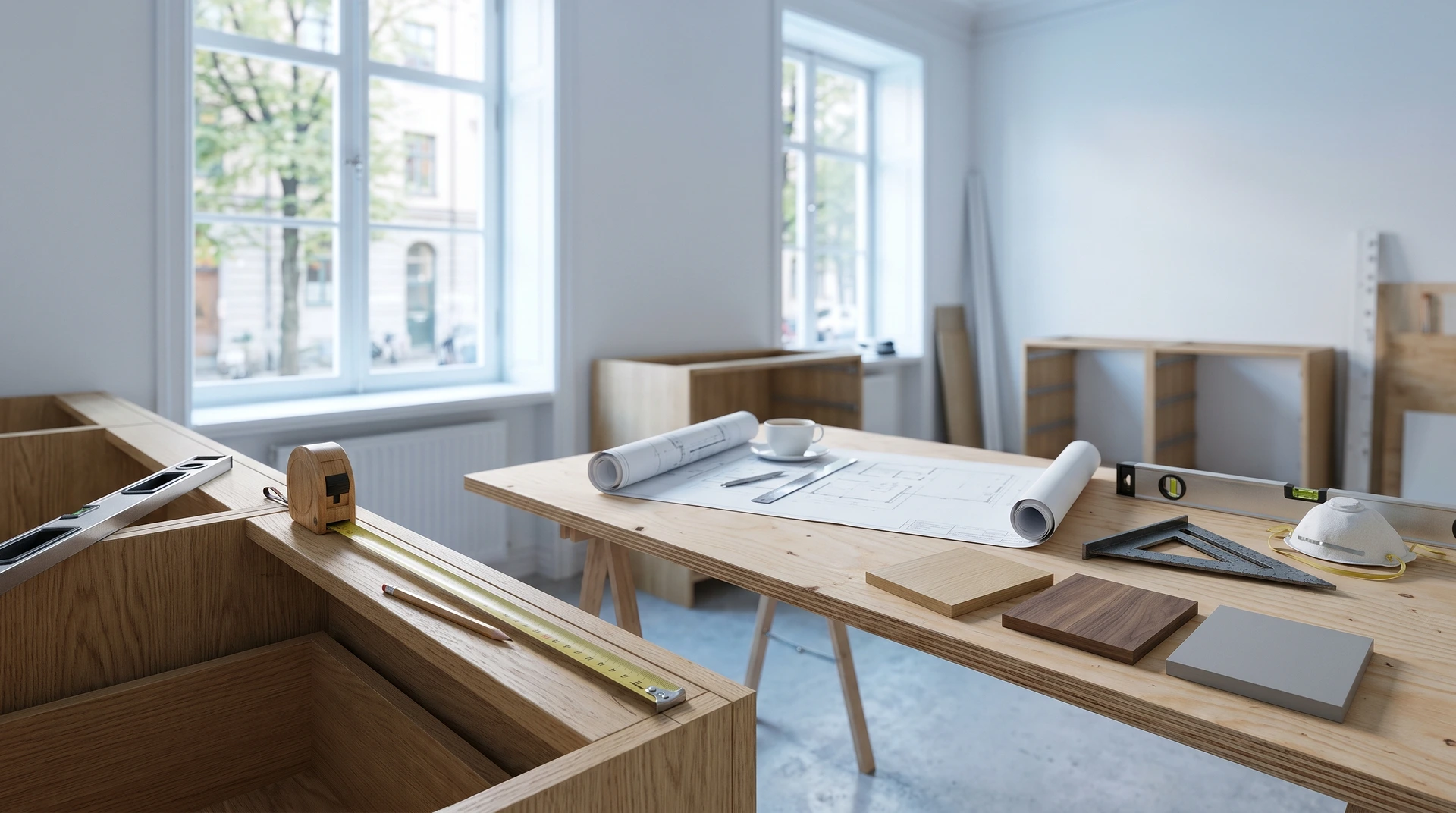 Snickeriverkstad med ritningar, verktyg och träprover på arbetsbord