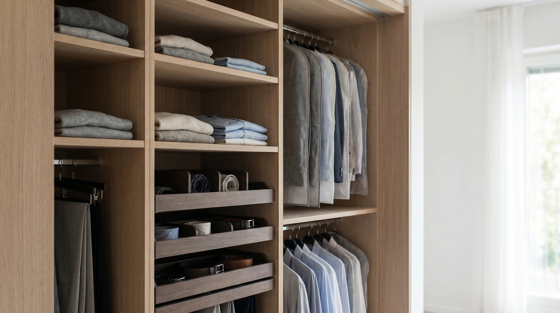 Välorganiserad garderob med hyllor, skjortor och byxor i neutrala färger.