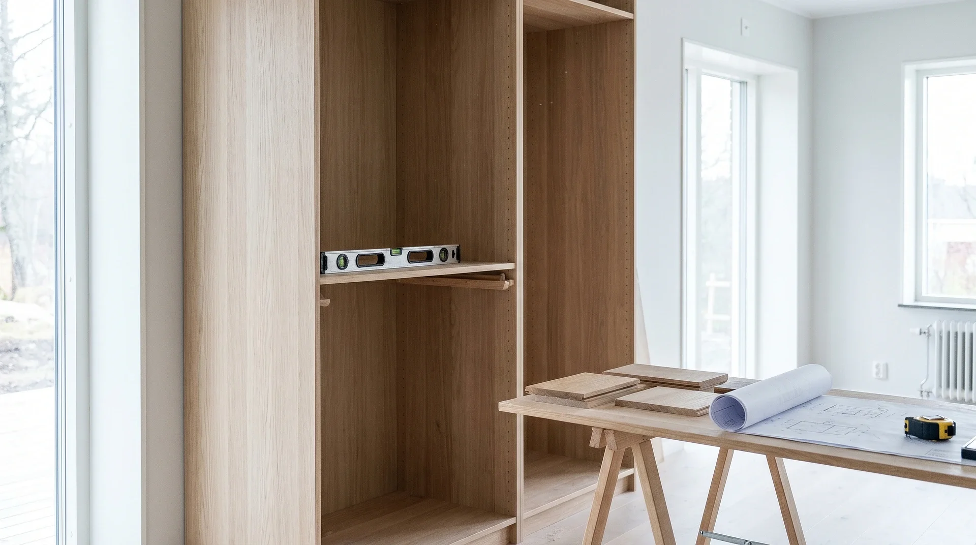 Snickeri pågår med träbokhylla, vattenpass och ritningar på arbetsbord.