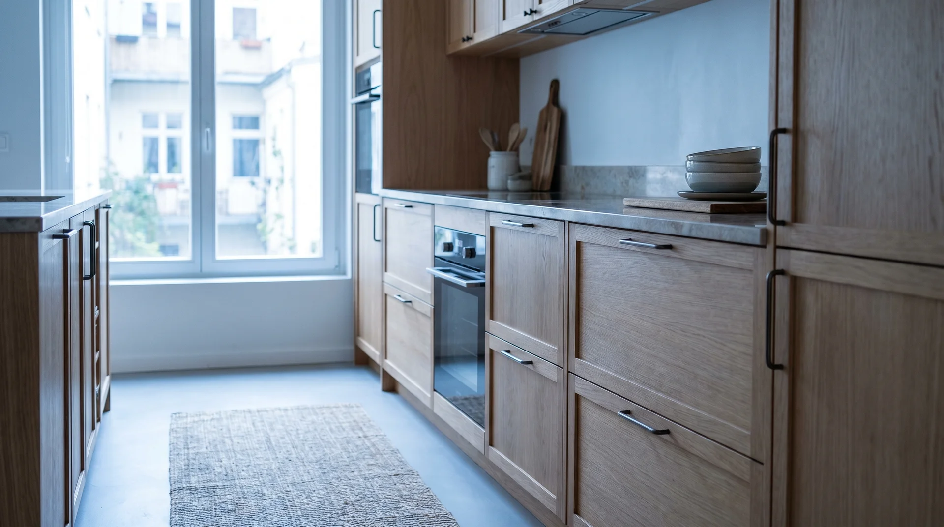 Modernt kök med ljusa träskåp, rostfria vitvaror och fönster mot gården.