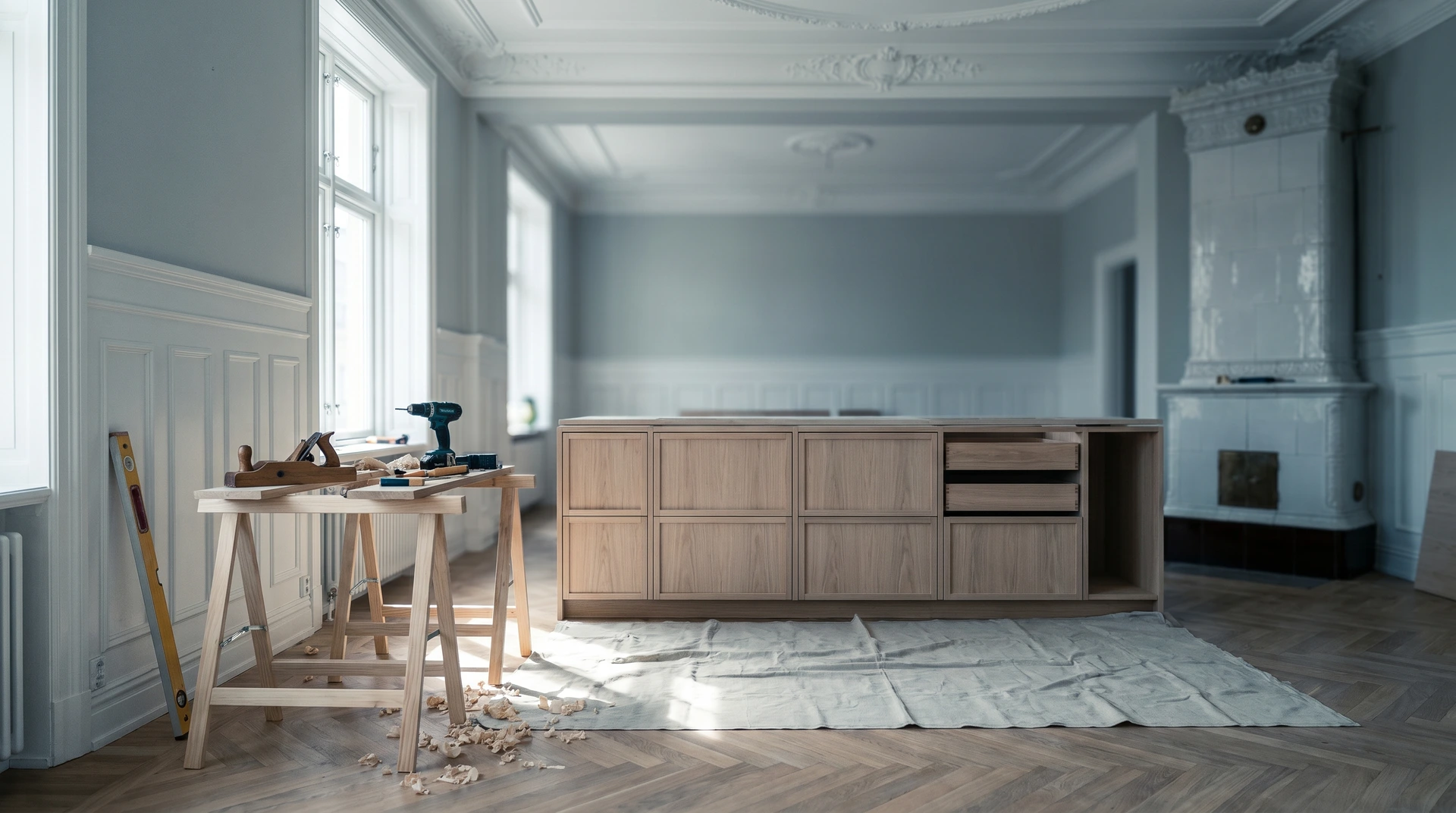 Pågående köksrenovering med omonterade skåp och verktyg på arbetsbänk.