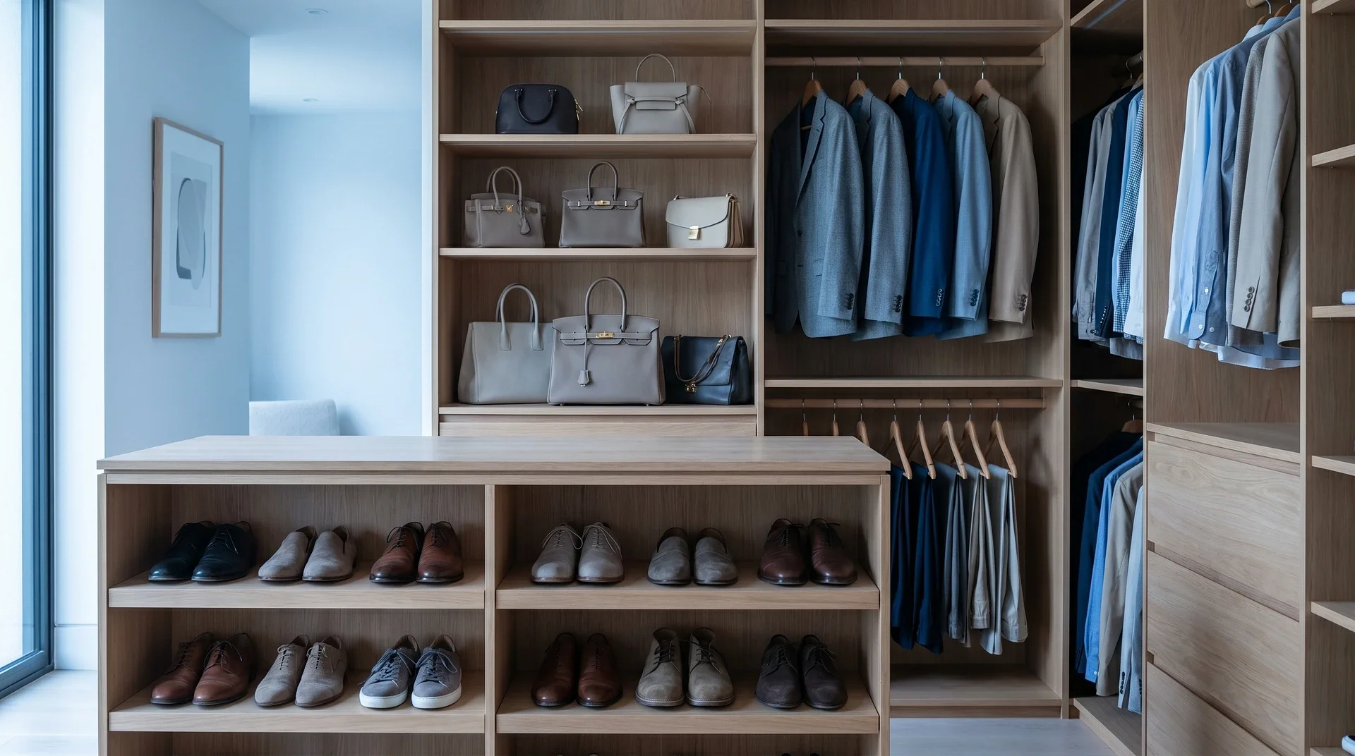 Välorganiserad garderob med kläder, skor och handväskor i neutral färgpalett.
