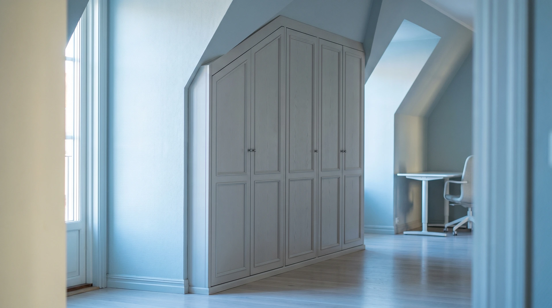 Grå garderob i ljust rum med vitt skrivbord och stol.