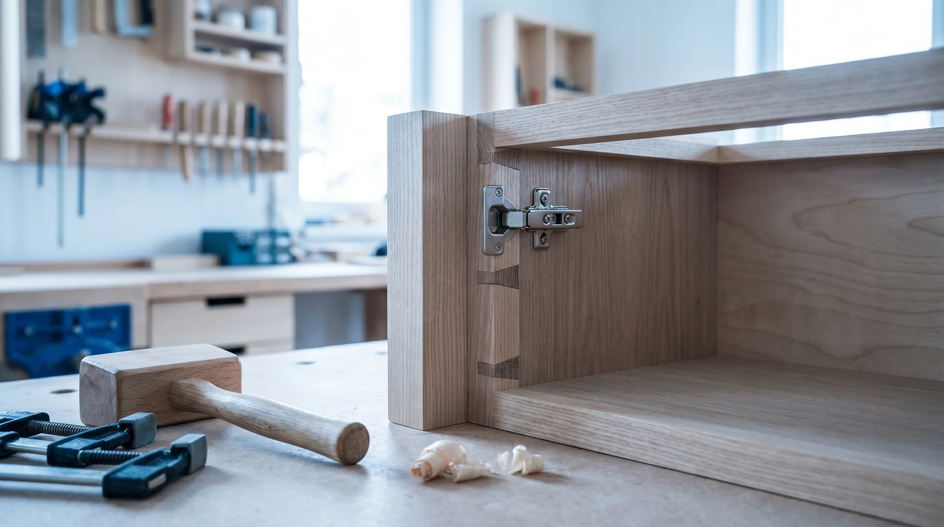 Träskåp med gångjärn under montering i ett snickeriverkstad med verktyg i bakgrunden.