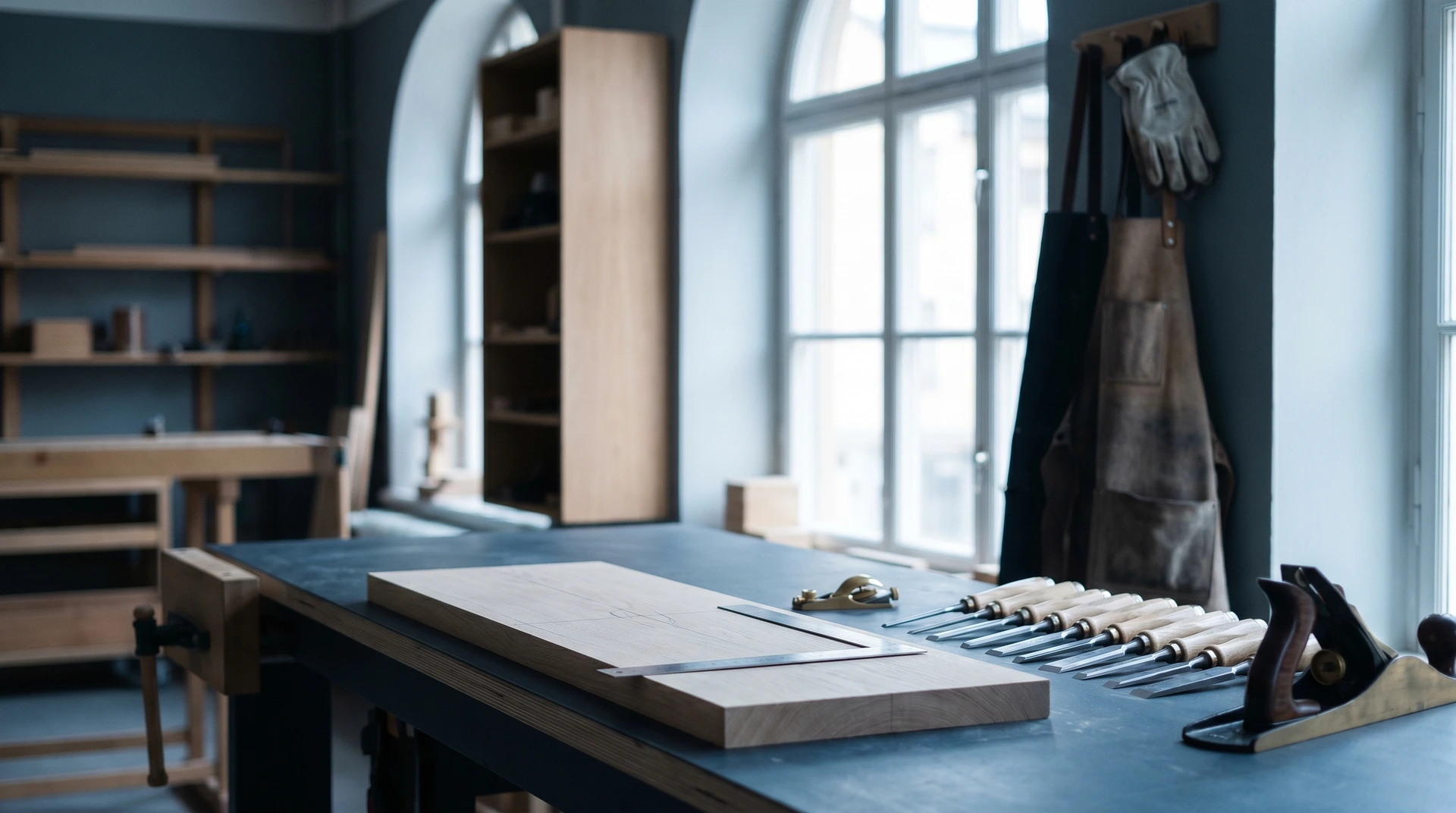 Snickeriverkstad med verktyg på arbetsbänk och träredskap vid fönster.