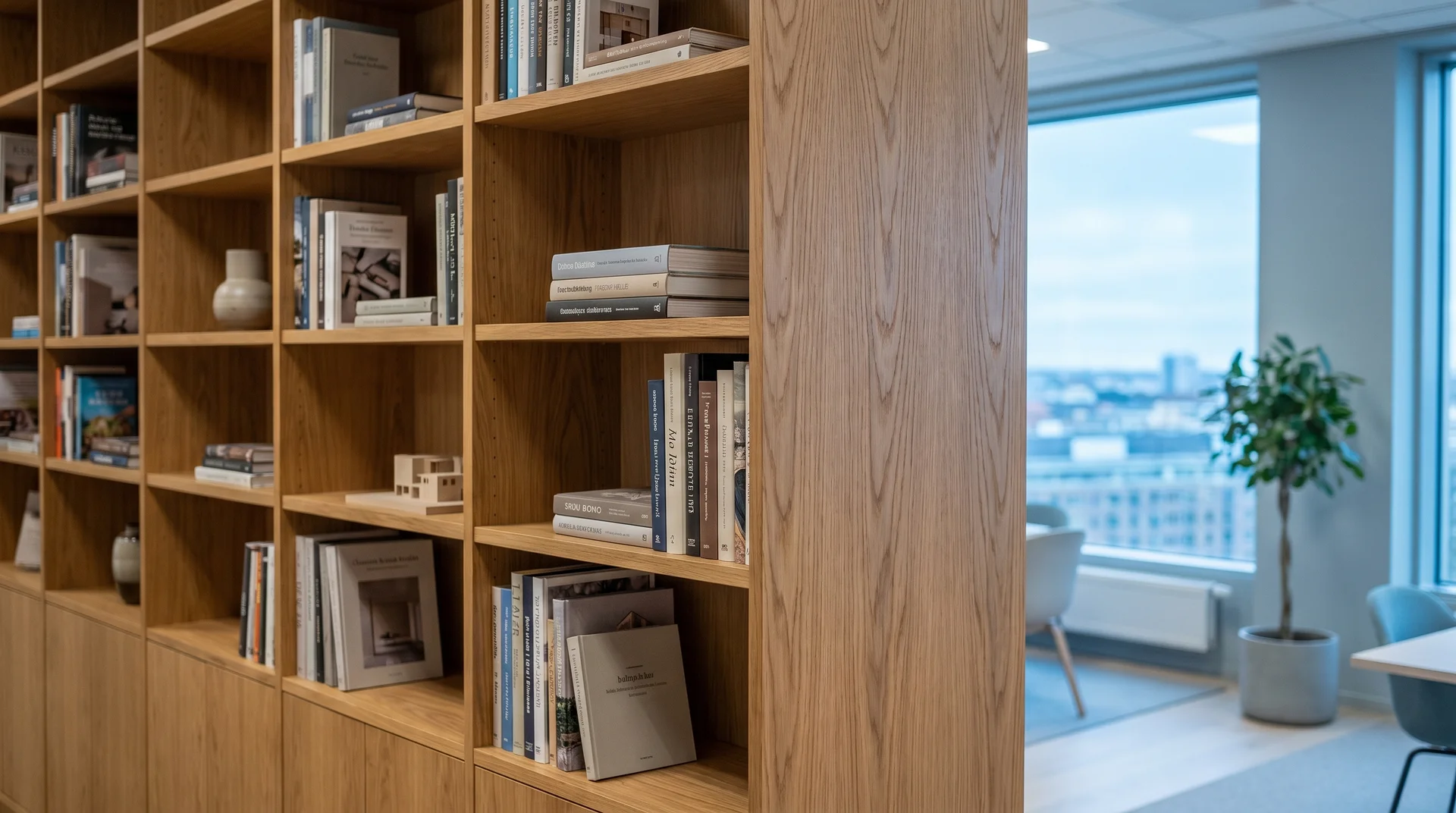 Bokhylla i ljust trä med böcker och små dekorativa föremål.