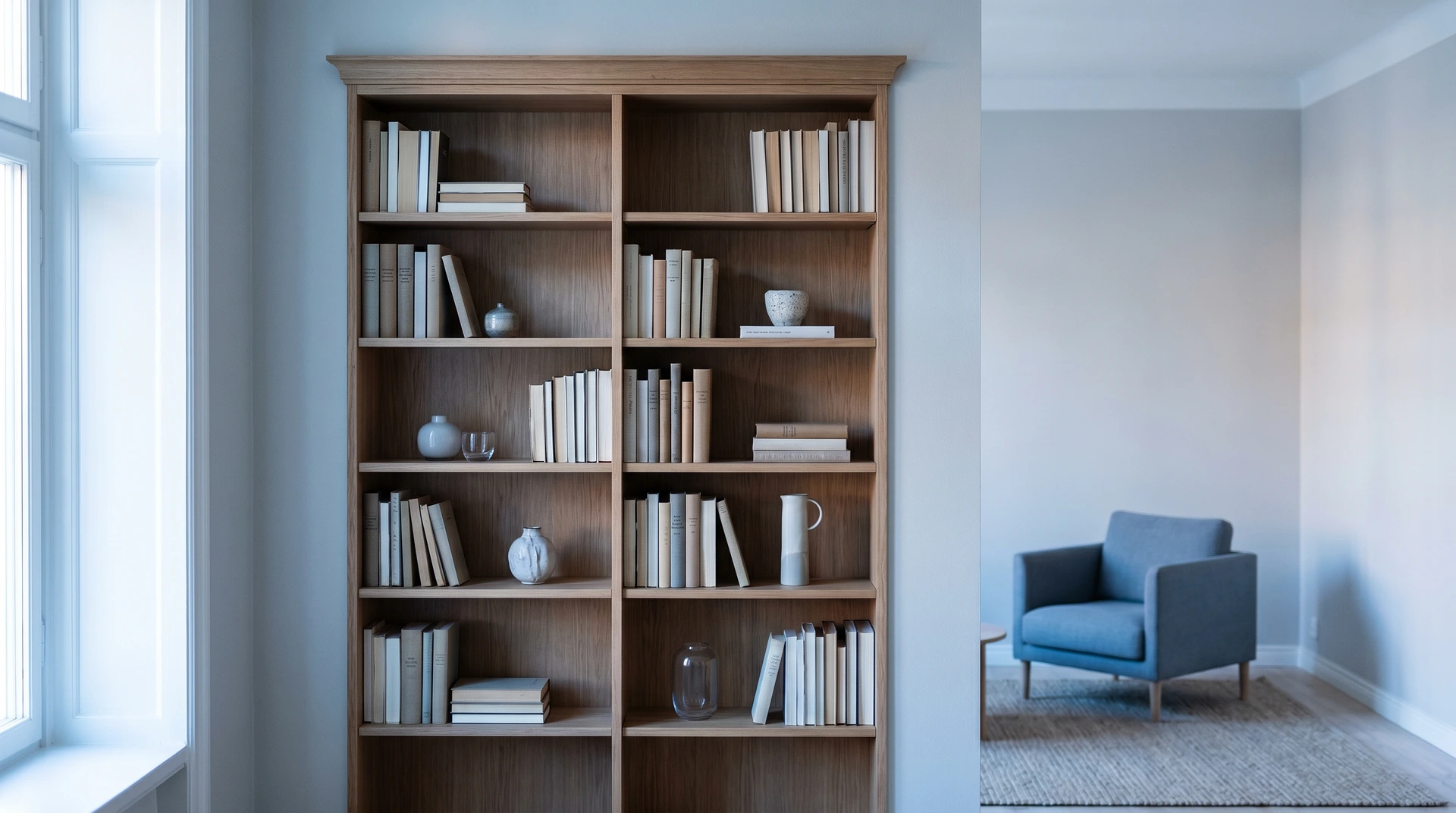 Trähylla med böcker och dekorationsföremål i ljust rum med blå fåtölj.