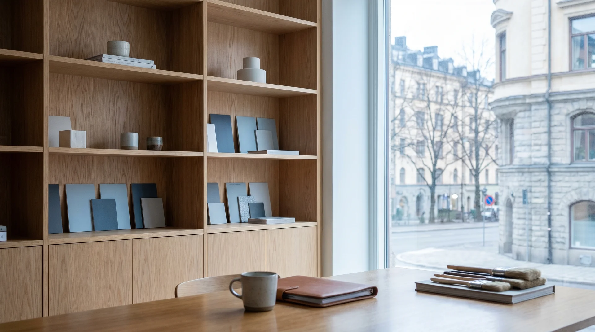 Ljust arbetsrum med träbokhylla, skrivbord och fönster mot stadsgata.